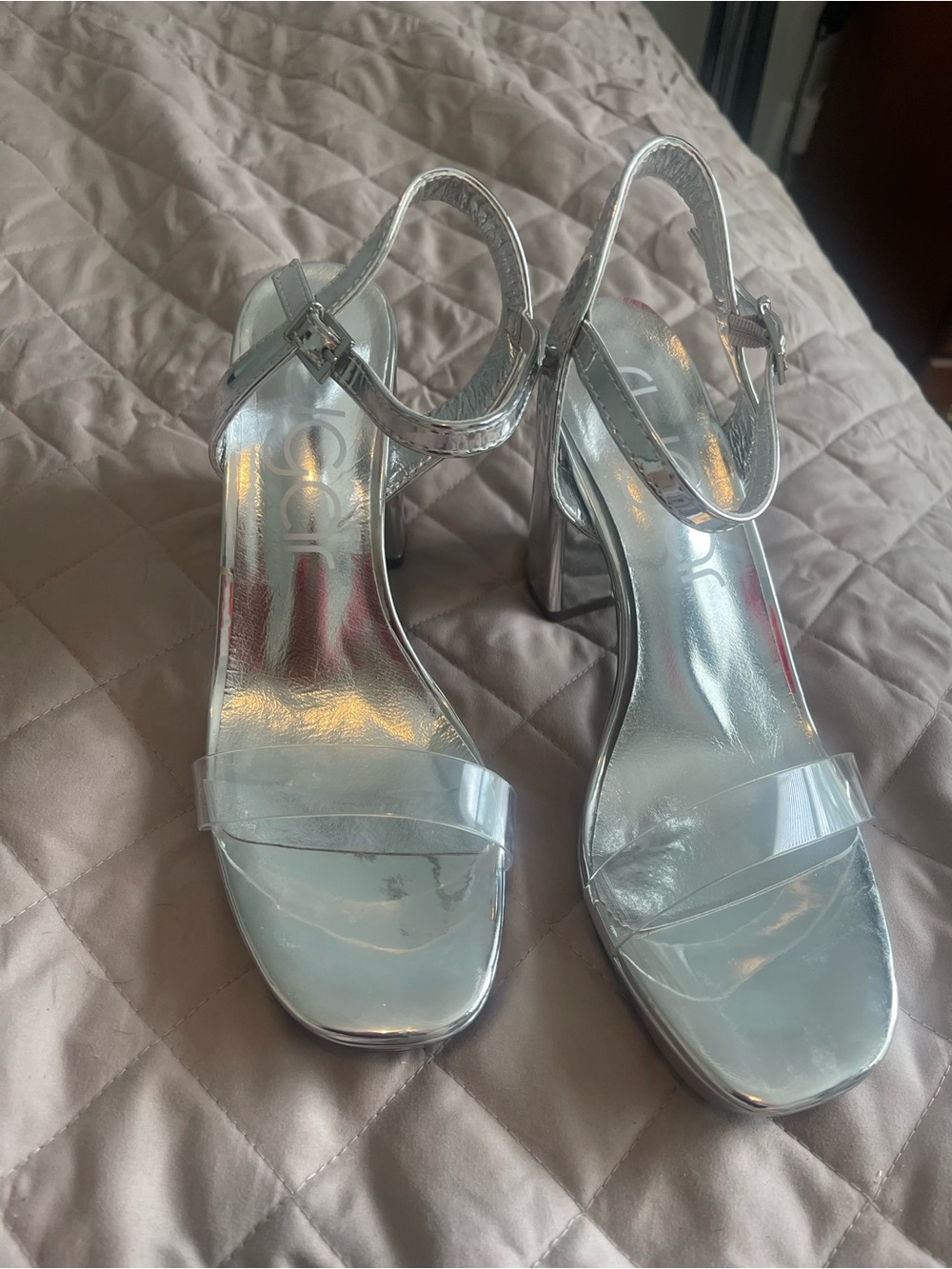 Silver Metallic Block Heel Sandal with Clear Strap